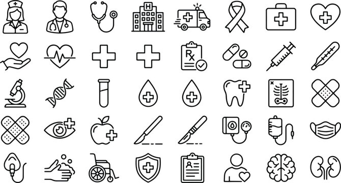Collection of diverse medical and healthcare icons representing health, science, and care.