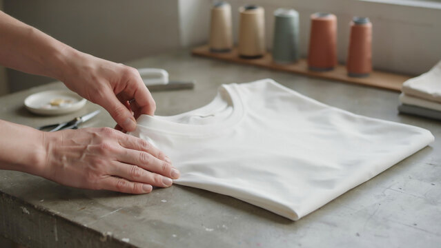 Hands folding blank white t-shirt on tailor workshop table