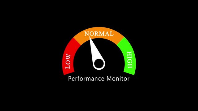 Performance monitor gauge animation: measuring low to speed and efficiency levels speedometer