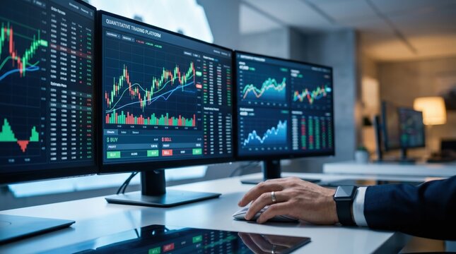 Quantitative trading platform on multiple computer monitors showing candlestick charts, forex stock market analysis, financial trader workstation setup