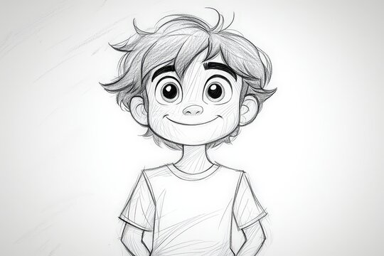Cheerful handdrawn sketch of a smiling young boy with messy hair in a tshirt on white background