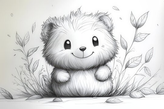 Adorable fluffy bear cub sitting among leaves in whimsical black and white nature scene