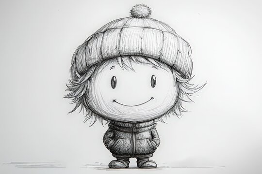 Adorable smiling child in winter hat and jacket, handdrawn pencil sketch with playful expression and cozy outfit