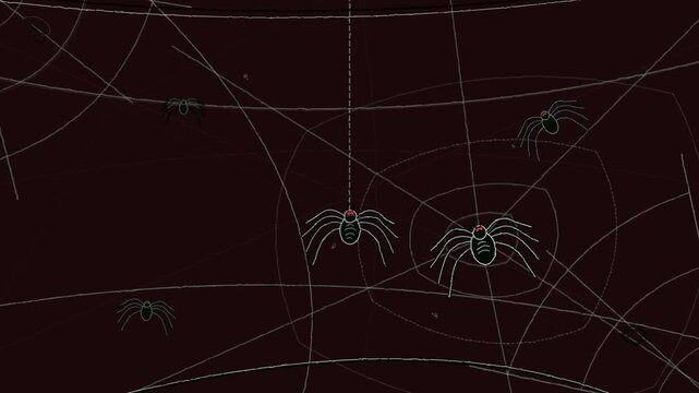 Spiders crawling on white cobwebs against a dark background