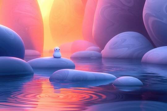 Surreal sunset landscape with cute character on smooth rocks and reflective water in vibrant pastel colors