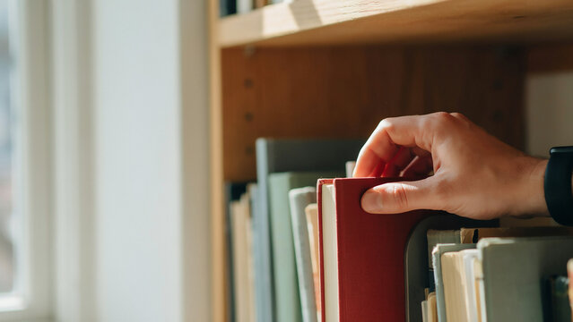 Hand selecting a red book from a wooden bookshelf