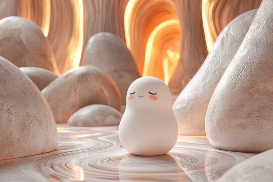 Cute minimalist character with closed eyes in surreal soft beige terrain and warm glowing curves, tranquil and dreamy atmosphere