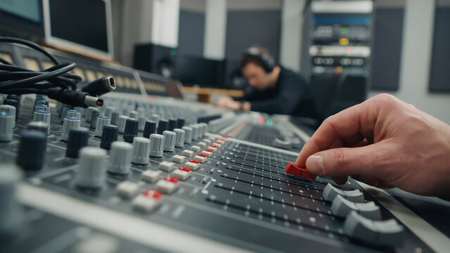 Hand adjusting fader on audio mixing console in recording studio