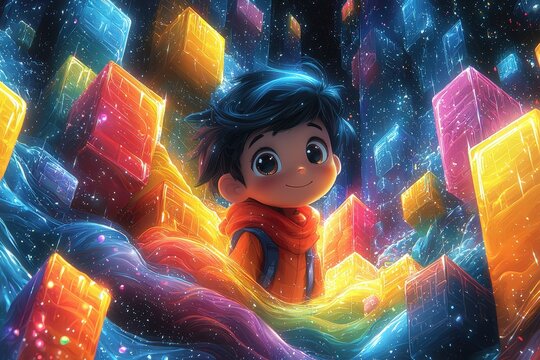 Adventurous child in colorful futuristic cityscape with glowing cubes and neon lights, whimsical fantasy digital art