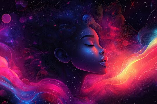 Surreal cosmic portrait of woman with vibrant neon galaxy hair and dreamy expression in space