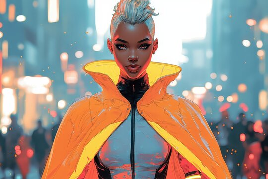 Futuristic woman with silver hair in neon orange jacket standing on urban street at night, confident expression, cyberpunk city vibes