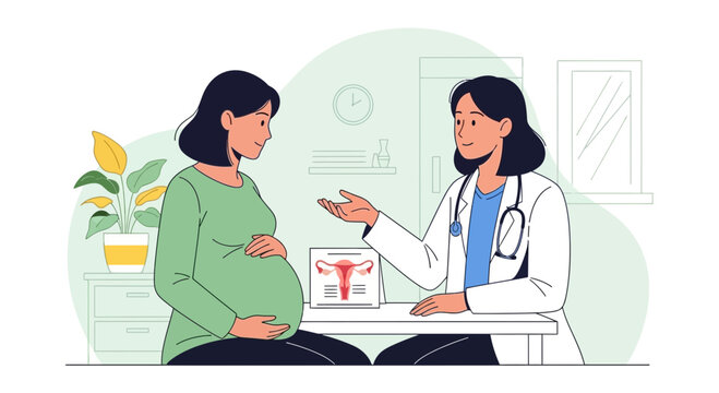 Pregnant woman with doctor discussing prenatal care and reproductive health in clinic.