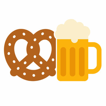 Oktoberfest celebration icon with traditional salted pretzel and frothy beer mug illustration.