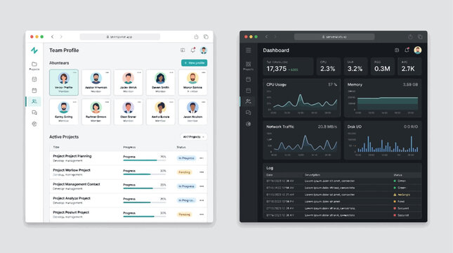 Vector graphics of business dashboard screens with charts and graphs