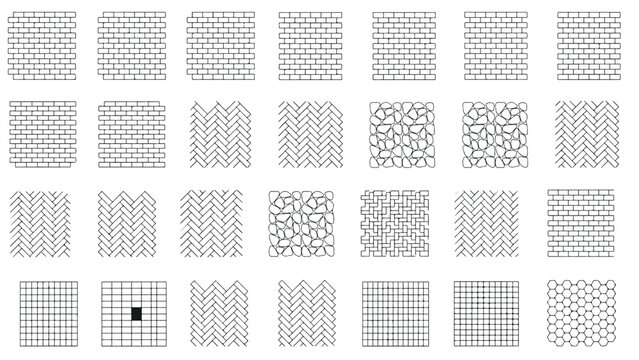 Various Geometric Brick Wall Pattern Designs Showcasing Different Textures and Arrangements On Transparent Background