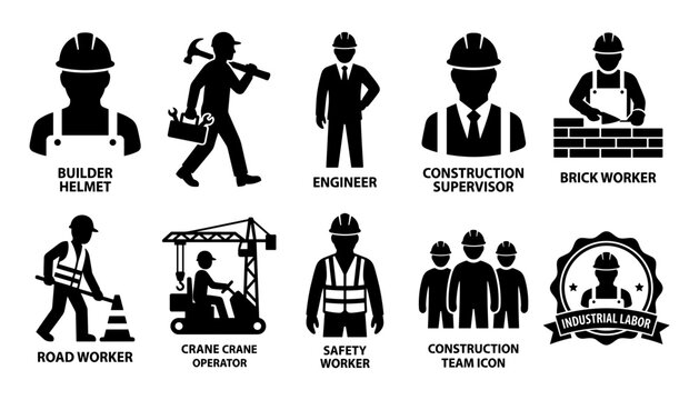 Worker Construction Icon Set with Hardhat, Engineer, Supervisor, Brick Worker, and Industrial Labor Emblem