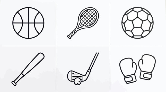 Set of six outline icons depicting various sports equipment for athletic activities