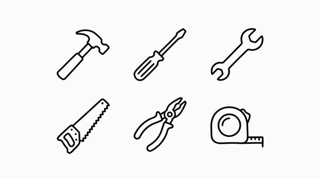 Set of Hand Tool Outline Icons for Construction and Home Repair