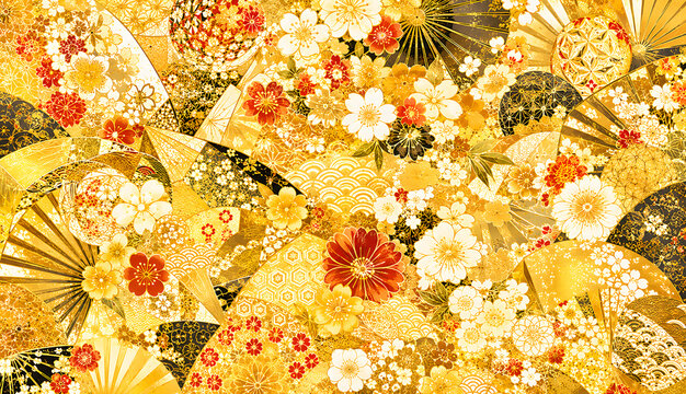 金色を基調とした豪華な和風の花と扇の伝統模様｜華やかなゴールド和柄背景