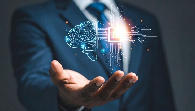 Businessman holding a glowing digital brain interface, representing AI and tech innovation.