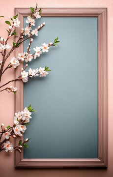A blank picture frame with cherry blossoms on a pink wall