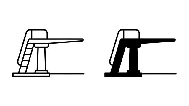 Diving Board Icon: A simple graphic representation of a diving board in two styles: outline and solid black, symbolizing water sports and aquatic activity.