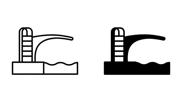 Diving Board Icon Set: Two minimalist icons represent a diving board with a ladder, poised over water, one in outline and the other solid black, perfect for sports or aquatic themes.