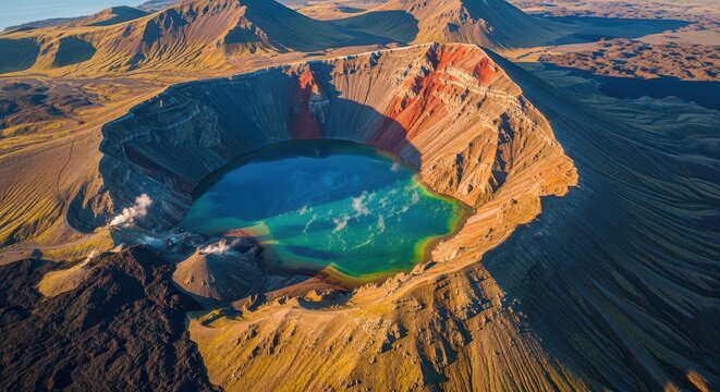 Vivid Volcanic Caldera Lake with Striking Red and Yellow Earth Tones