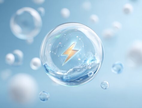 Artistic depiction of a bioelectric energy symbol inside a transparent bubble floating in a blue environment