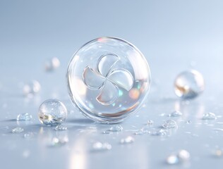 Fototapeta premium Clear Glossy Ball with Abstract Shape Inside Surrounded by Water Droplets on Light Surface