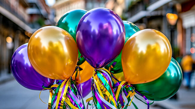 A vibrant bunch of purple, gold, and green balloons tied with colorful ribbons float outdoors on a street.
