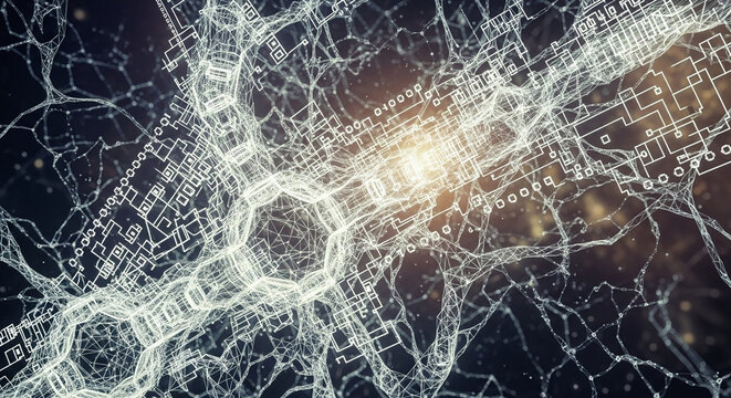 Illuminated neural network structure with intricate connections and glowing central element representing artificial intelligence, digital consciousness, or complex information processing