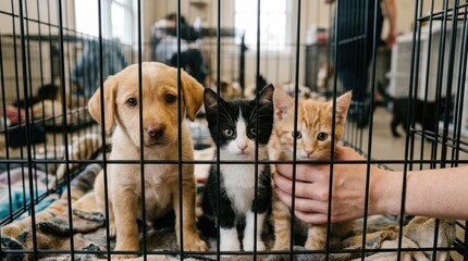 Naklejka na ściany i meble Adorable lonely puppy and two cute kittens sitting behind metal bars in an animal shelter cage waiting for a forever home and adoption with a human hand reaching out to comfort these homeless pets now