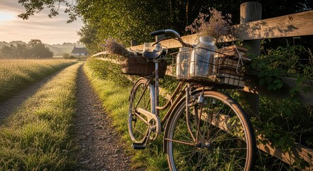 Fototapeta premium Vintage Bicycle with Jars and Herbs by Rural Path at Sunrise