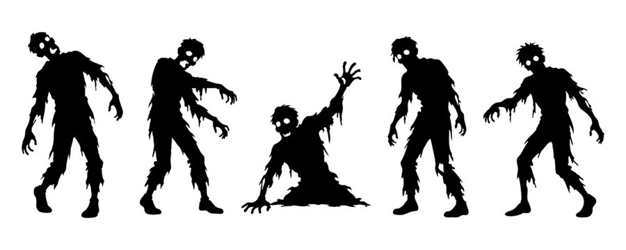 Halloween Zombie Silhouette Collection with Five Creepy Undead Characters in Different Poses, Scary Walking Dead Monster Bundle Isolated on White Background, Black Vector Clipart Set for Decorations.