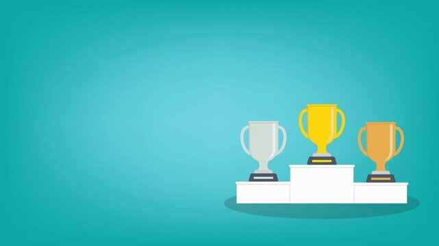 Golden, silver and bronze metallic trophy cups on a podium. Video animation clip.