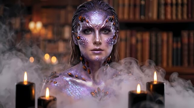 Woman with crystal facial makeup in candlelit dark library.