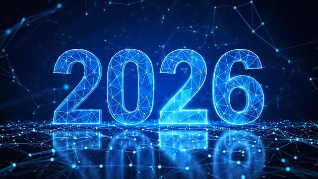 A digital representation of the year twenty twenty-six with glowing blue network connections