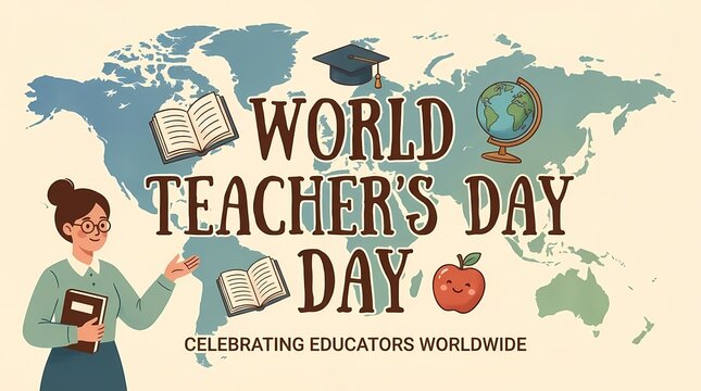 World Teachers Day graphic with map and education icons.