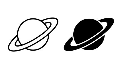 Saturn Icons: A set of two stylized icons representing the planet Saturn, one in outline and the other in solid black, showcasing its iconic rings © jannatul