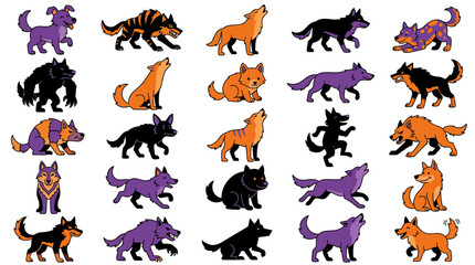 Fototapeta premium Colorful cartoon wolves and dogs in playful poses