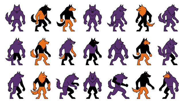 Illustrated werewolf characters in various poses and color styles
