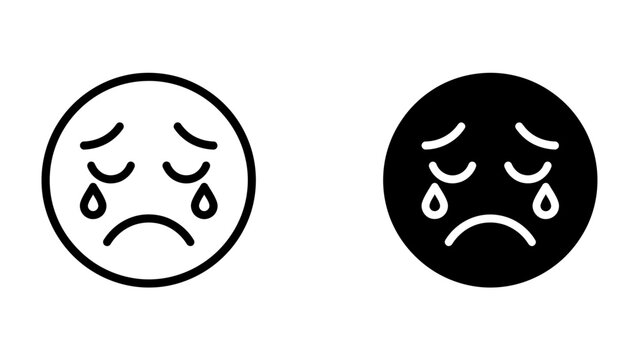 Sad Emoji Iconography: Two stylized emoji faces, one outlined and one solid black, express sadness with downturned mouths and streaming tears, representing sorrow and distress.
