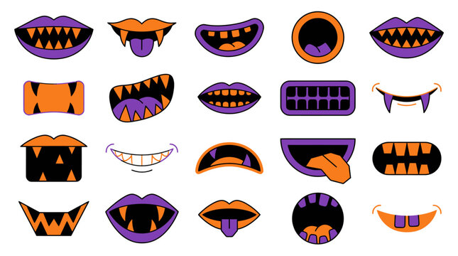 Creative cartoon monster teeth and mouth expressions set illustration