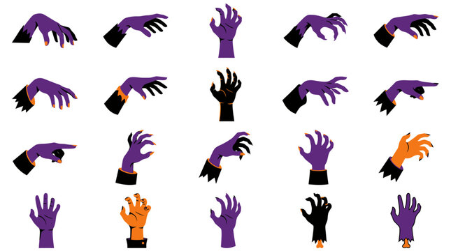 Creative collection of cartoon zombie hands in various poses and colors