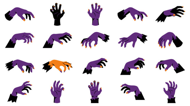 Creepy purple zombie hand gestures and poses collection