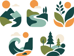 Obraz premium Modern Abstract Nature Landscape Icons Set – Mountain, River, Forest, Leaf and Wave Flat Vector Collection