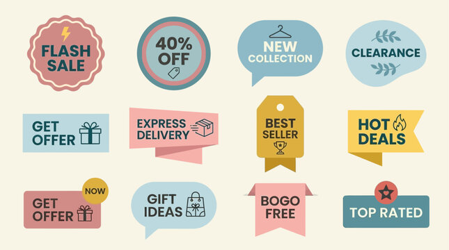 Vector graphics of colorful sale stickers and promotional labels on a clear background