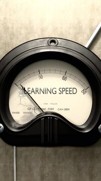 Learning speed meter showing low levels of learning speed. Minimum and decreasing learning speed value, below the norm. Lack of learning speed. None of it, insufficient.