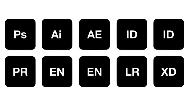 Adobe Software Icons Arranged in a Grid with Black and White Color Scheme Featuring Design, Creative, Tools with Photoshop